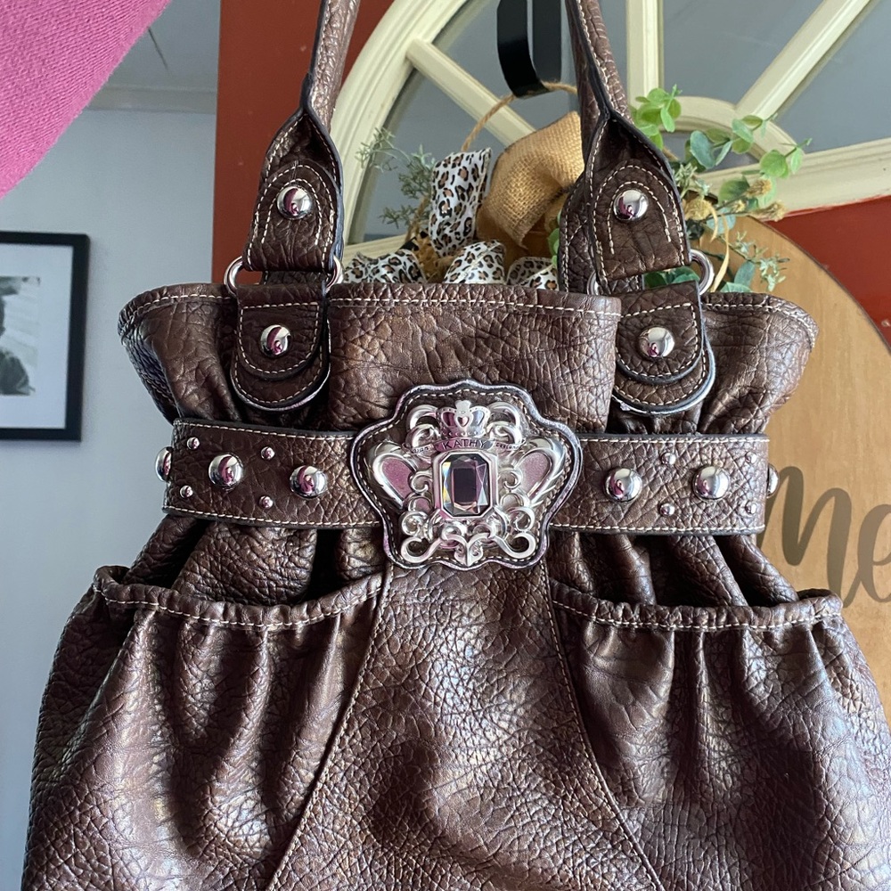 Kathy Van Zeeland Textured Brown Shoulder Bag with Silver Details